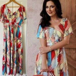 Flowy Colorful Abstract Print Short Butterfly Flutter Sleeve V-Neck Maxi Dress L
